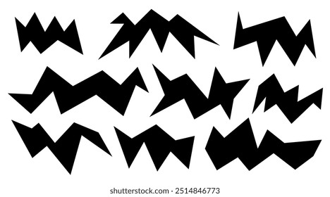 Irregular spikey hand drawn chevron shapes. Set trendy Black cutout paper elements. Stars shapes. Funky groovy sparks simple forms isolated on white background. Vector illustration.