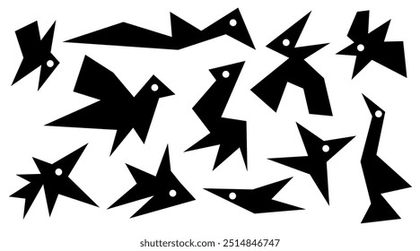 Irregular spikey hand drawn fun birds. Set trendy Black cutout paper elements. Stars shapes. Funky groovy sparks simple forms isolated on white background. Vector illustration.