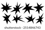 Irregular spikey stars shapes. Set trendy Black cutout paper elements. Hand drawn chevron shapes. Funky groovy sparks simple forms isolated on white background. Vector illustration.