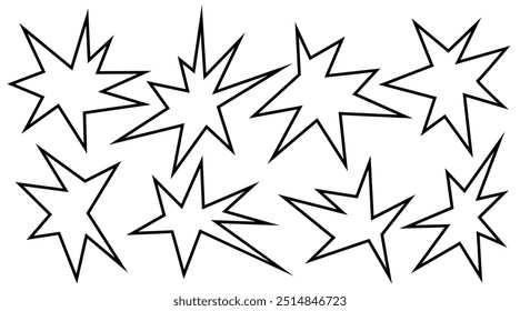 Irregular spikey stars shapes. Set trendy Black cutout paper elements. Hand drawn chevron shapes. Funky groovy sparks simple forms isolated on white background. Vector illustration.