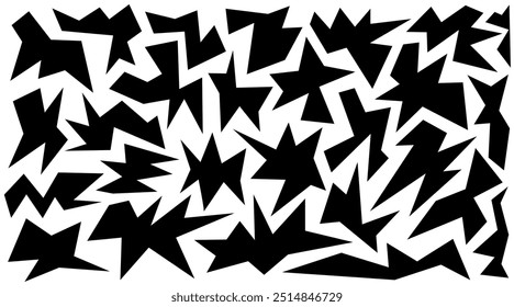 Irregular spikey stars shapes. Set trendy Black cutout paper elements. Hand drawn chevron shapes. Funky groovy sparks simple forms isolated on white background. Vector illustration.