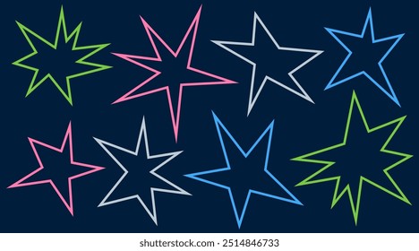 Irregular spikey stars shapes. Set trendy Black cutout paper elements. Hand drawn chevron shapes. Funky groovy sparks simple forms isolated on blue background. Vector illustration.