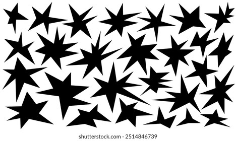 Irregular spikey stars shapes. Set trendy Black cutout paper elements. Hand drawn chevron shapes. Funky groovy sparks simple forms isolated on white background. Vector illustration.