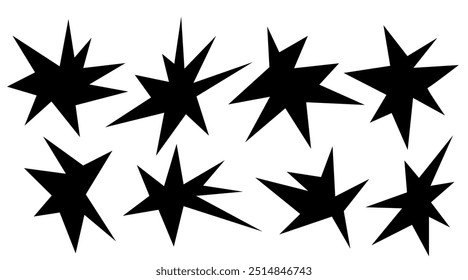 Irregular spikey stars shapes. Set trendy Black cutout paper elements. Hand drawn chevron shapes. Funky groovy sparks simple forms isolated on white background. Vector illustration.