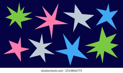 Irregular spikey stars shapes. Set trendy Black cutout paper elements. Hand drawn chevron shapes. Funky groovy sparks simple forms isolated on blue background. Vector illustration.