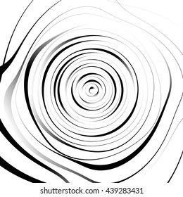 Irregular spiral background in square format. Abstract geometric ripple effect. Inward hypnotic spiral, distorted concentric circles. Monochrome circular pattern / element.