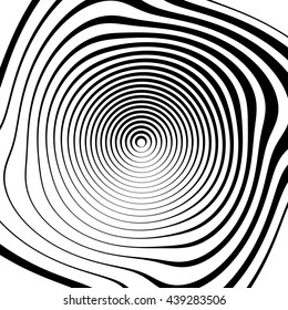 Irregular spiral background in square format. Abstract geometric ripple effect. Inward hypnotic spiral, distorted concentric circles. Monochrome circular pattern / element.