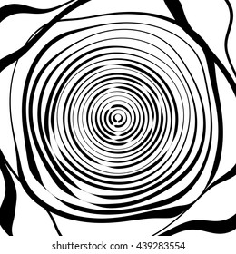 Irregular spiral background in square format. Abstract geometric ripple effect. Inward hypnotic spiral, distorted concentric circles. Monochrome circular pattern / element.