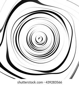 Irregular spiral background in square format. Abstract geometric ripple effect. Inward hypnotic spiral, distorted concentric circles. Monochrome circular pattern / element.