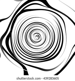 Irregular spiral background in square format. Abstract geometric ripple effect. Inward hypnotic spiral, distorted concentric circles. Monochrome circular pattern / element.