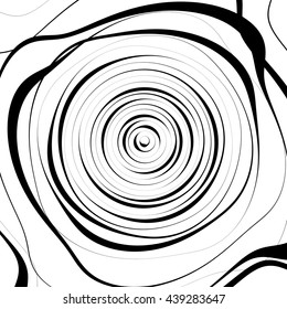 Irregular spiral background in square format. Abstract geometric ripple effect. Inward hypnotic spiral, distorted concentric circles. Monochrome circular pattern / element.