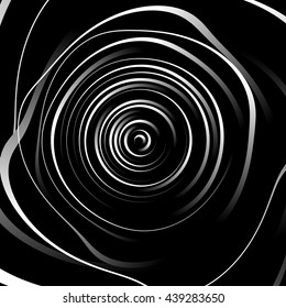 Irregular spiral background in square format. Abstract geometric ripple effect. Inward hypnotic spiral, distorted concentric circles. Monochrome circular pattern / element.