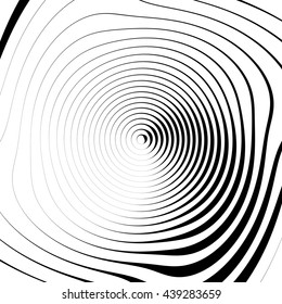 Irregular spiral background in square format. Abstract geometric ripple effect. Inward hypnotic spiral, distorted concentric circles. Monochrome circular pattern / element.