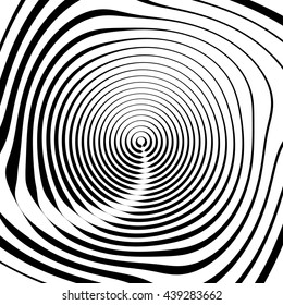 Irregular spiral background in square format. Abstract geometric ripple effect. Inward hypnotic spiral, distorted concentric circles. Monochrome circular pattern / element.