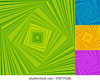 Irregular spirals made of squares. Rotating, swirling assymetric geometric pattern.