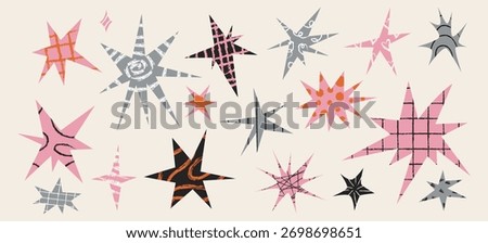 Irregular star collage cut out shapes with scribbles and crayon patterns. Paper funky stickers with rough sketch textures for playful scrapbook or zine design. Vector asymmetry angular forms.