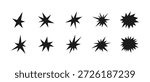 Irregular star shape icons set. Abstract starburst symbol. Comic burst sticker. Graphic design collage element. Spiky cartoon figure. Vector illustration isolated on white background.
