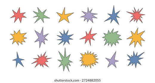 Ícones irregulares de forma de estrela definidos. Símbolo de explosão abstrato. Adesivo de estouro de quadrinhos coloridos. Elemento de colagem de design gráfico. Imagem de desenho animado. Ilustração vetorial isolada sobre fundo branco.