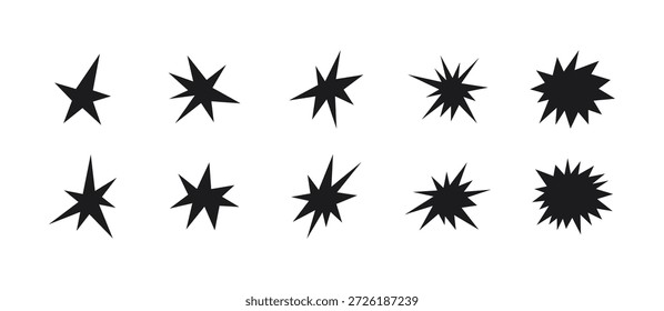 Ícones irregulares de forma de estrela definidos. Símbolo de explosão abstrato. Adesivo de estouro cômico. Elemento de colagem de design gráfico. Imagem de desenho animado. Ilustração vetorial isolada sobre fundo branco.