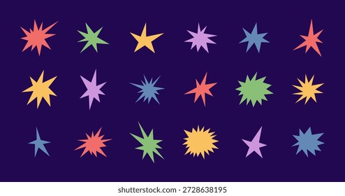 Irregular star shape icons set. Abstract starburst symbol. Comic color burst sticker. Graphic design collage element. Spiky cartoon figure. Vector illustration isolated on dark background.