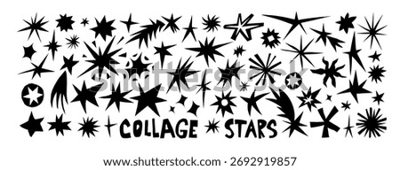 Irregular star shapes for scrapbook and collage design. Asymmetry angular forms, torn paper star shapes. Scrapbook kids elements for childish design. Vector cutout starburst.