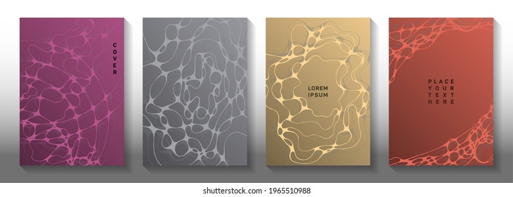 Irregular system concept abstract vector covers. Overlaying curve lines pattern backdrops. Flat cover vector templates. Hi tech cover pages graphic design set.