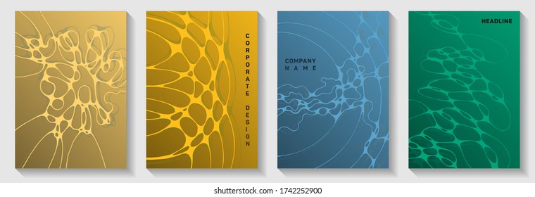 Irregular system idea abstract vector covers. Curly curve lines flow textures. Minimal notebook vector templates. Science fiction cover pages graphic design set.