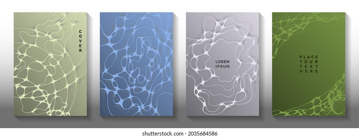 Irregular system idea abstract vector covers. Marble curve lines meshwork backdrops. Abstract brochure vector layouts. Radio physics cover pages graphic design set.