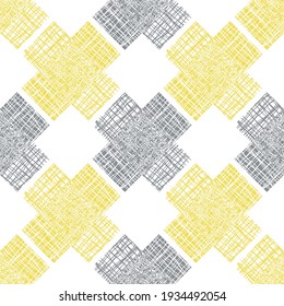 Irregular Vector Gauze Weave Effect Cross Seamless Pattern Background. Backdrop Of Yellow Grey Coarsely Woven Band Aid Shapes With Spliced Edges. Abstract Hessian Fibre Texture Repeat For Wellbeing