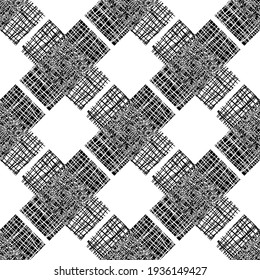 Irregular vector gauze weave effect cross seamless pattern background. Backdrop of black and white coarsely woven band aid shapes with spliced edges.Abstract Hessian fibre texture all over print.