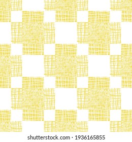 Irregular vector gauze weave effect cross seamless pattern background. Backdrop of yellow white coarsely woven crosses with spliced edges. Abstract Hessian fibre texture repeat for wellbeing