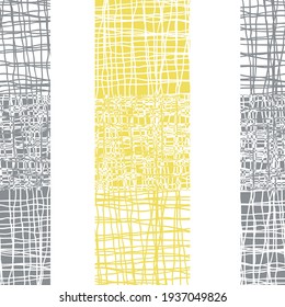 Irregular vector gauze weave effect striped seamless pattern background. Backdrop of alternating yellow grey woven vertical rectangle shapes with spliced edges. Modern abstract Hessian fibre repeat