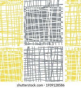 Irregular vector gauze weave effect striped seamless pattern background. Backdrop of alternating yellow grey woven vertical wide broken stripes with spliced edges. Modern abstract Hessian fibre repeat