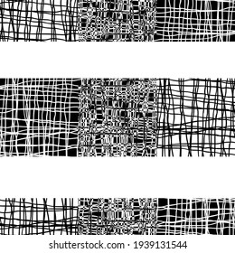 Irregular vector gauze weave effect striped seamless pattern background. Black white backdrop of alternating woven horizontal wide stripes with spliced edges. Modern abstract Hessian fibre repeat