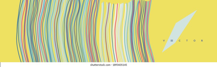 Irregular vertical lines pattern in perspective. Geometric wallpaper with stripes. Strips similar to threads. Cover design template. Vector illustration.