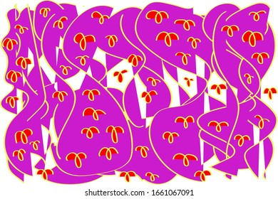 The irregular violet shapes with red insects pattern