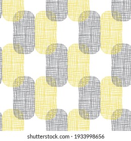 Irregular weave effect vector rectangles seamless pattern background. Groups of yellow grey rounded densely woven shapes on white backdrop. Geometric duotone textured linen fibre repeat for summer