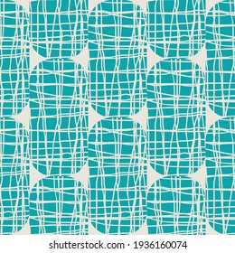 Irregular weave effect vector rectangles seamless pattern background. Backdrop with alternating columns of aqua blue cream white rounded coarsely woven shapes. Hessian fibre texture repeat for summer