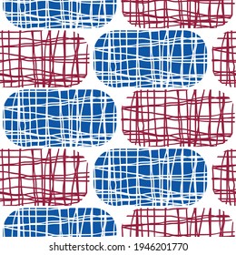 Irregular weave effect vector rectangles seamless pattern background. White backdrop with alternating rows of blue red dark rounded coarsely woven shapes. Hessian fibre texture for nautical concept