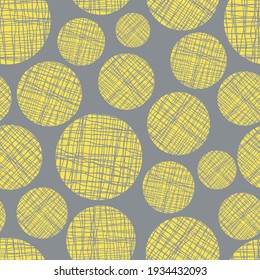 Irregular weave yarn vector circle seamless pattern background. Backdrop with small and large yellow grey circular woven shapes. Abstract hessian frayed fibre texture repeat for wellness, summer