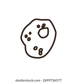 objeto de asteroide marrom irregular com contorno escuro. Possui várias pequenas marcações circulares marrom-claras e uma marcação circular cinza-claro maior, todas colocadas contra um fundo branco.