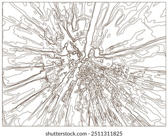 Unregelmäßig sich ausbreitende, extrem dünne braune Linienkunst auf Basis der spinnenbahnartigen Narben und Baumringe auf einem verrottenden Baumstumpf (Retuschiertes und farblich manipuliertes weißes Hintergrundbild)