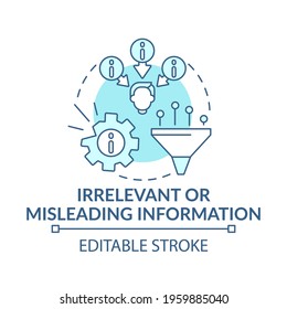 Irrelevant or misleading information blue concept icon. Problem with critical thinking. False news. Mental block idea thin line illustration. Vector isolated outline RGB color drawing. Editable stroke