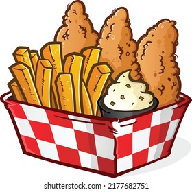 An irresistible basket of deep fried chicken tenders and crispy golden French fries fresh from the deep fryer