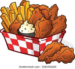 An irresistible chicken wing basket with crispy golden French fries fresh from the deep fryer