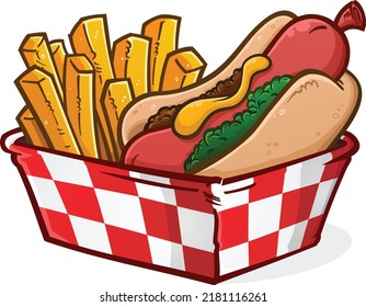 An irresistible hot dog basket with crispy golden French fries fresh from the deep fryer