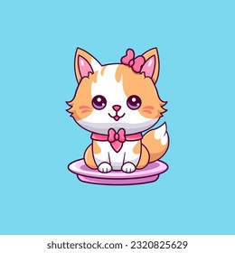 An irresistibly cute 2D vector cartoon of a chibi cat. Round eyes sparkle with joy, tiny paws uplifted. Soft, pastel shades coat its delightful, plump figure