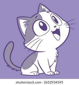 Um personagem de gato de desenho animado irresistivelmente fofo com grandes olhos redondos e uma expressão caprichosa, perfeito para mascotes de marca, adesivos, livros infantis ou avatares de mídias sociais. 