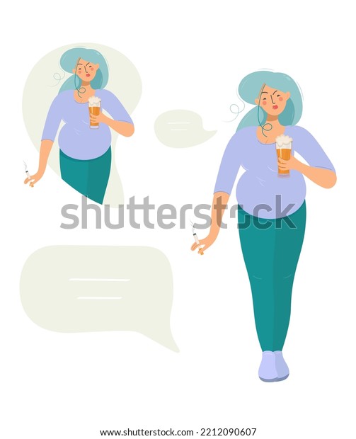 Irresponsible promiscuous future mother smokes and\
drinks beer. Unhealthy lifestyle of a pregnant woman with place for\
text. Harm of smoking and drinking alcohol during pregnancy concept\
vector design