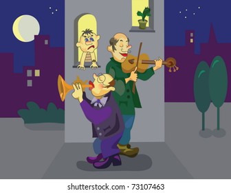 Irresponsible street musicians break the silence of the night city